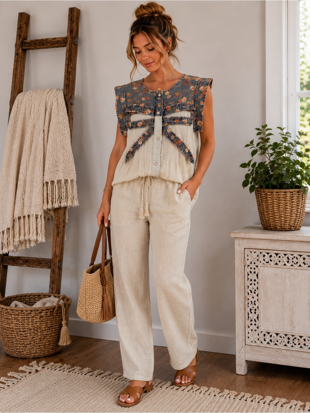 BiBi Cream Gauze Peasant Top with Denim Floral Bow Size S - Picture 4 of 5